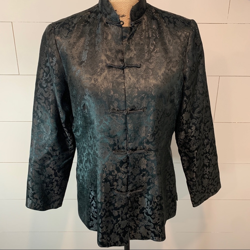 Vintage Black Silk Blend Mandarin Collar Embroidered Blazer Jacket - Medium